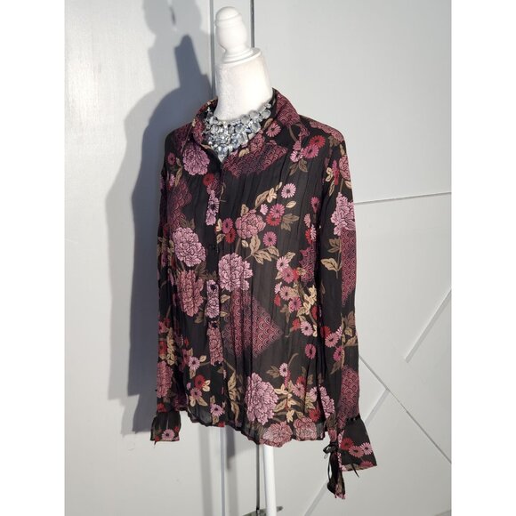 APOSTROPHE FLORAL FORMAL BLOUSE COLOR BLACK LONG SLEEVE POLYESTER SIZE M - Picture 4 of 6